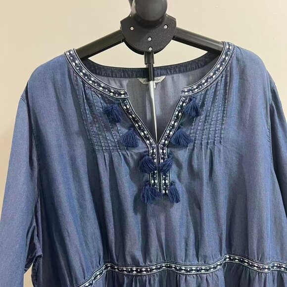NWOT John Mark Embroidered V-Neck 3/4 Cinched Sleeve Tassel Tie Front Dress 3X - Picture 3 of 12